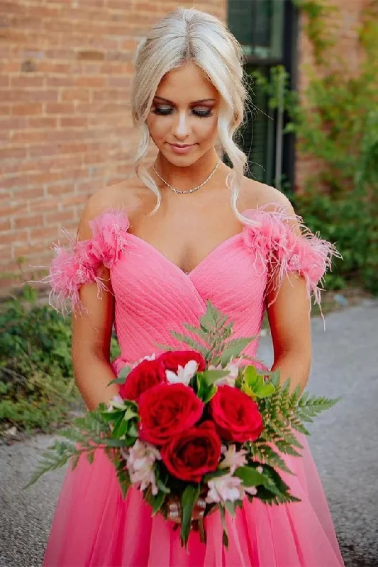 Flash Deals casual midi dresscasual midi dressOff Shoulder Hot Pink Tulle Long Prom Dress, Long Hot Pink Tulle Formal Graduation Evening Dress Y1493