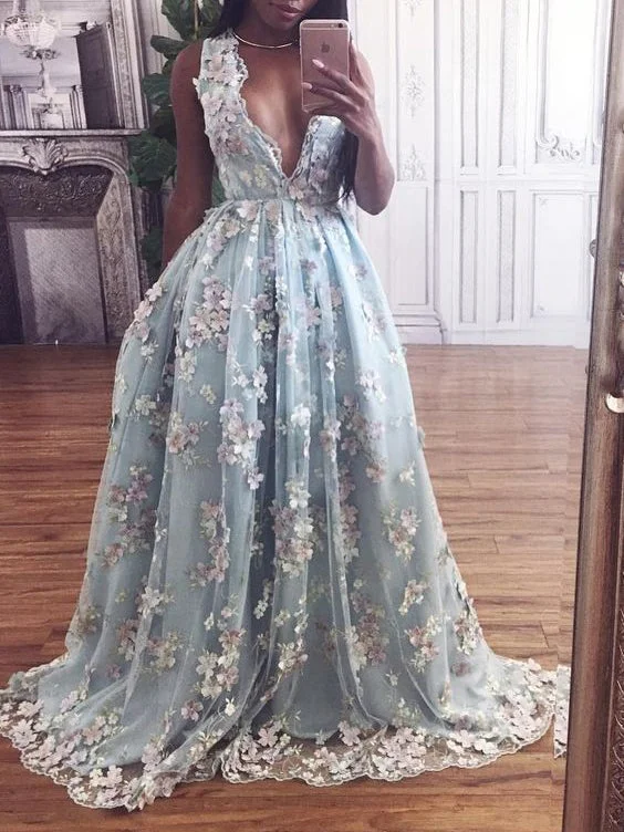 Seasonal Clearance Sexy Beautiful Prom Dresses V-neck Short Train Hand-Made Flower Long Prom Dress/Evening Dress JKL200