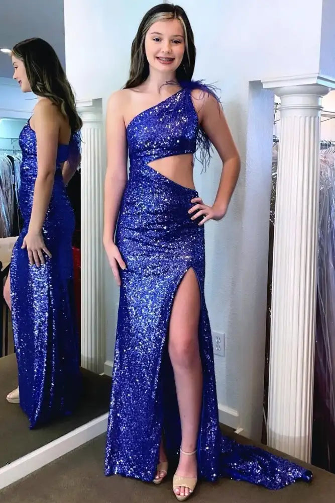 Weekend Flash Sale satin midi dresssatin midi dressFully Sequins One Shoulder Feathers Illusion Empire Prom Dress