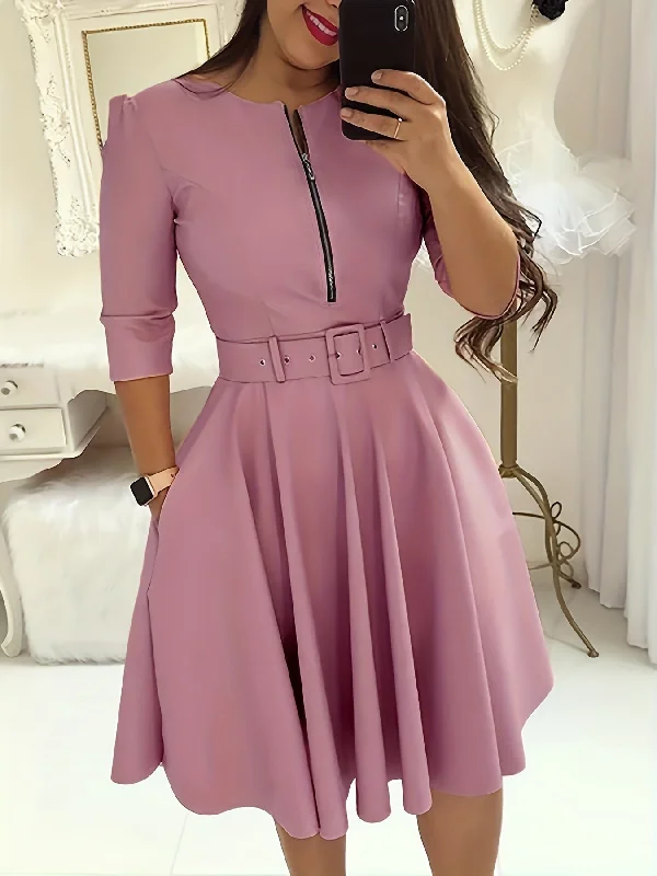 Weekend Flash Sale Women's Dresses Solid Crew Neck Zipper Dresses